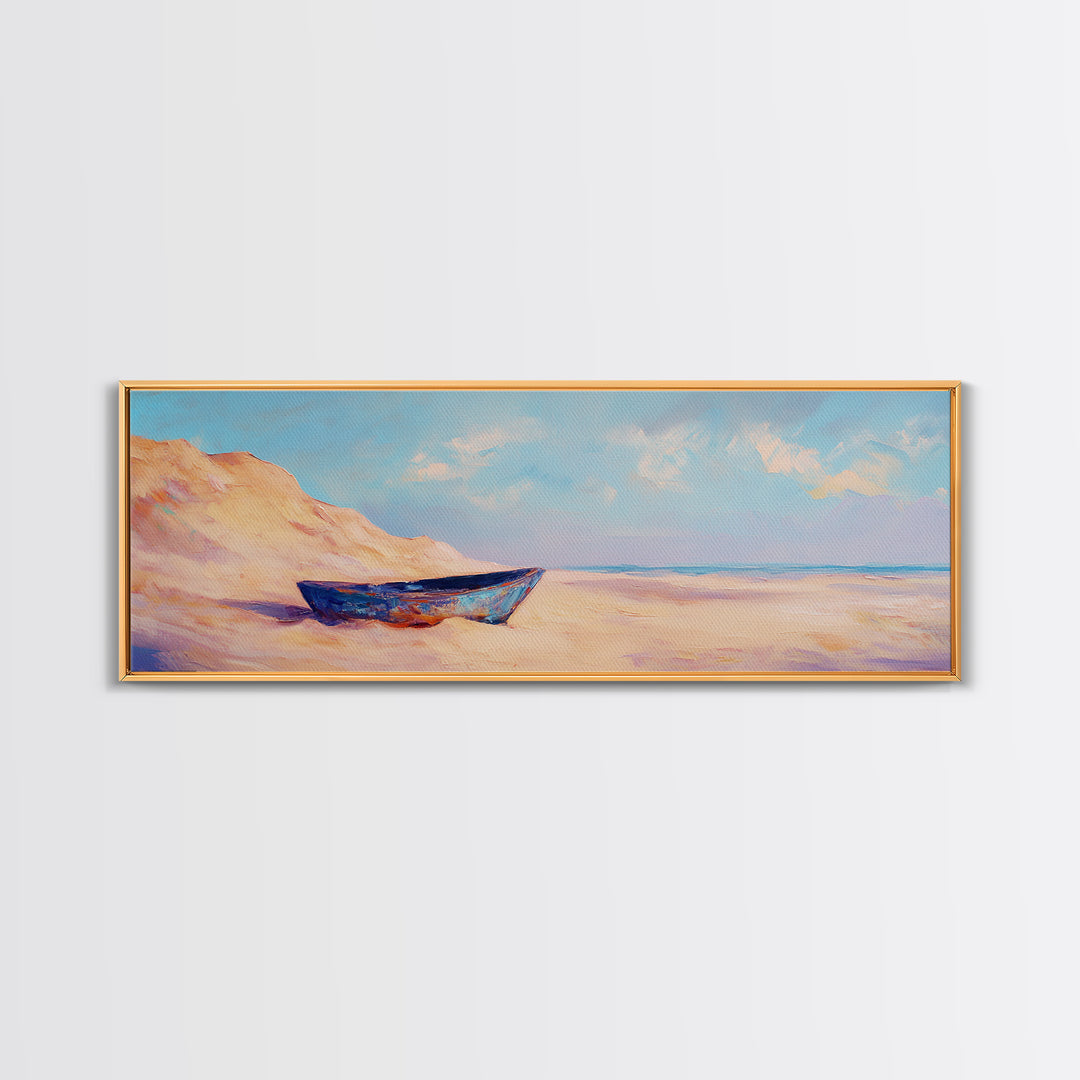 Blue Boat On Sandy Beach Wall Art, Coastal Landscape Painting, Ocean Wall Decor, Beach House Decor, Nautical Print, Summer Home Decor