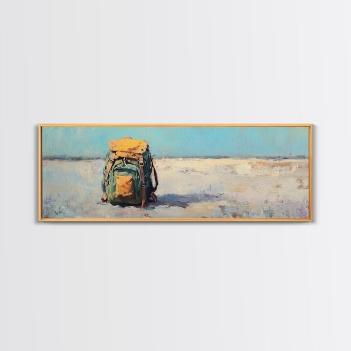 Lonely Backpack On Beach Canvas Print, Minimalist Coastal Landscape Art, Travel Wall Decor, Adventure Gift For Him, Office Decor