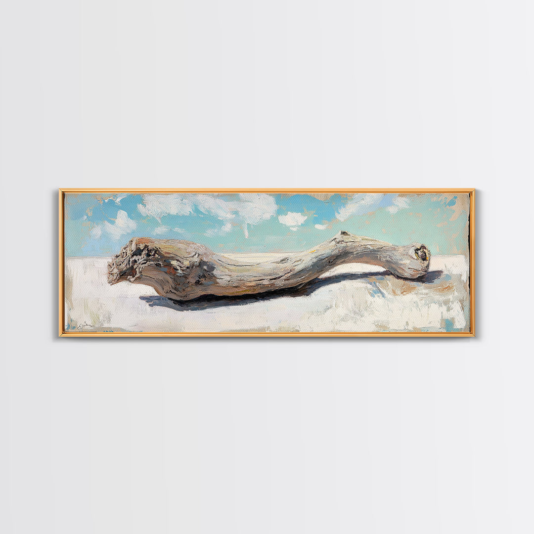Curved Weathered Driftwood Framed Canvas Print, Coastal Wall Decor, Rustic Beach House Art, Long Horizontal Seascape Living Room Decor