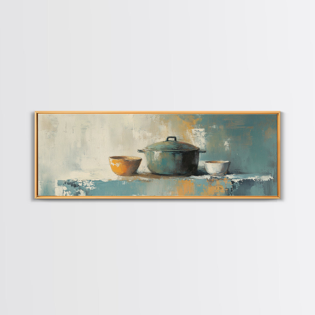 Blue Pot And Bowls Kitchen Wall Art, Rustic Farmhouse Decor, Modern Still Life Canvas Print, Cozy Dining Room Decor, Home Decor