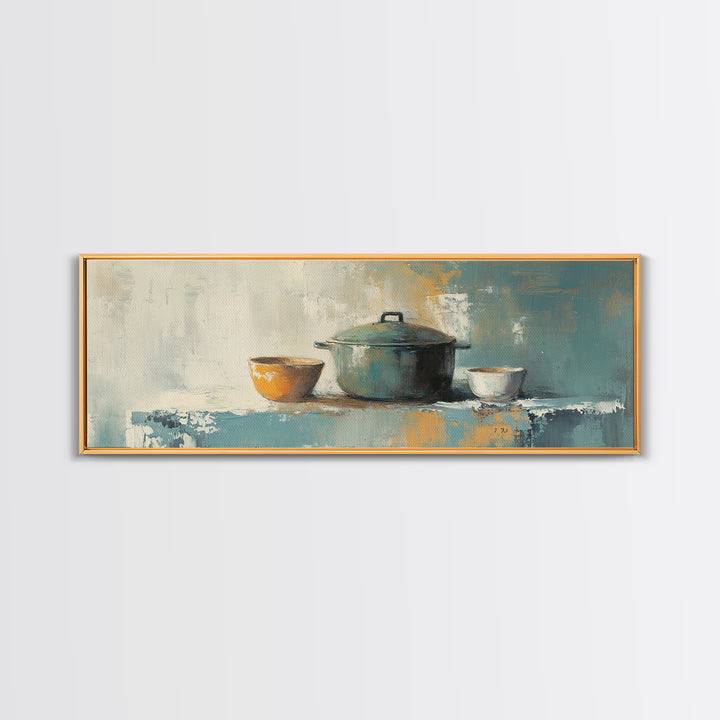 Blue Pot And Bowls Kitchen Wall Art, Rustic Farmhouse Decor, Modern Still Life Canvas Print, Cozy Dining Room Decor, Home Decor