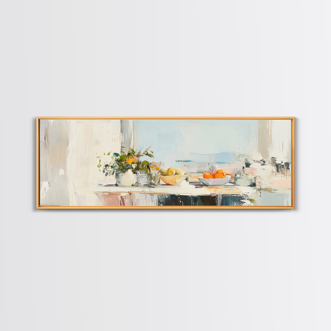 Sunlit Kitchen Counter With Flowers Wall Art, Fruit Still Life Canvas Print, Modern Farmhouse Dining Room Home Decor, Wall Decor