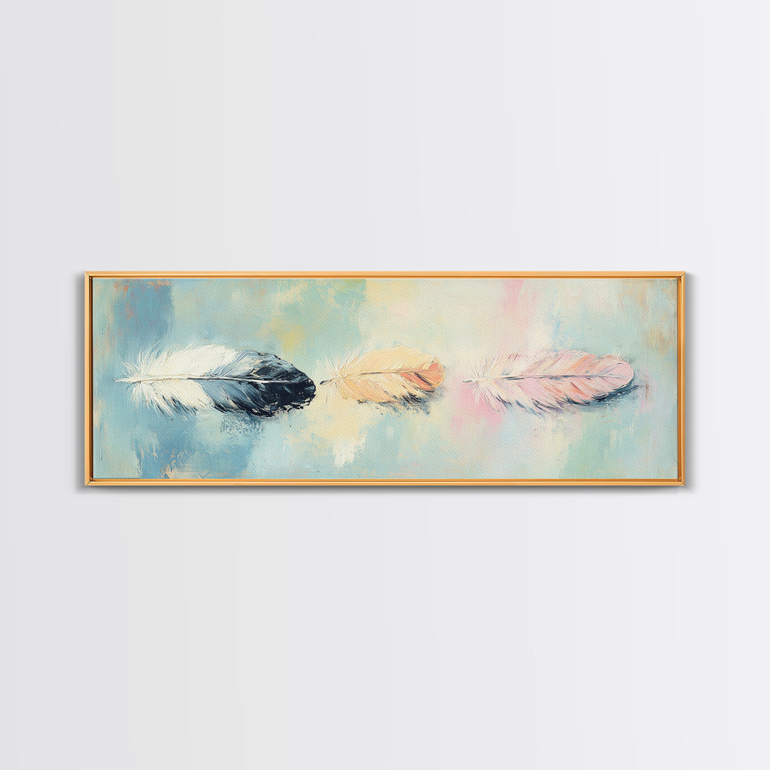 Three Pastel Feathers On Blue Wall Art, Boho Canvas Print For Nursery, Bedroom, Feminine Decor, Soft Coastal Home Decor Gift