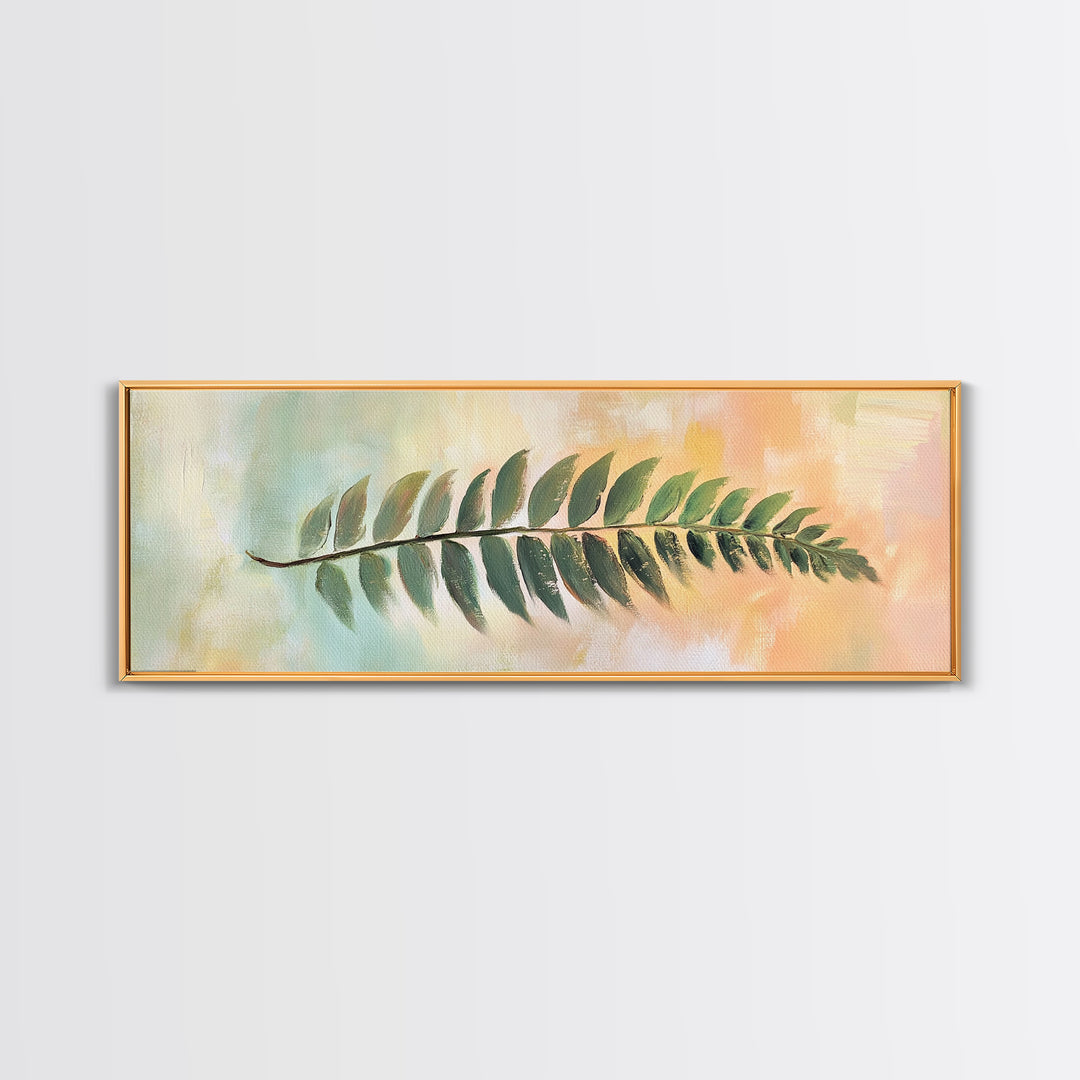Green Fern Leaf On Pastel Abstract Wall Art, Botanical Canvas Print For Bathroom, Nature Decor, Sage Green Living Room Art