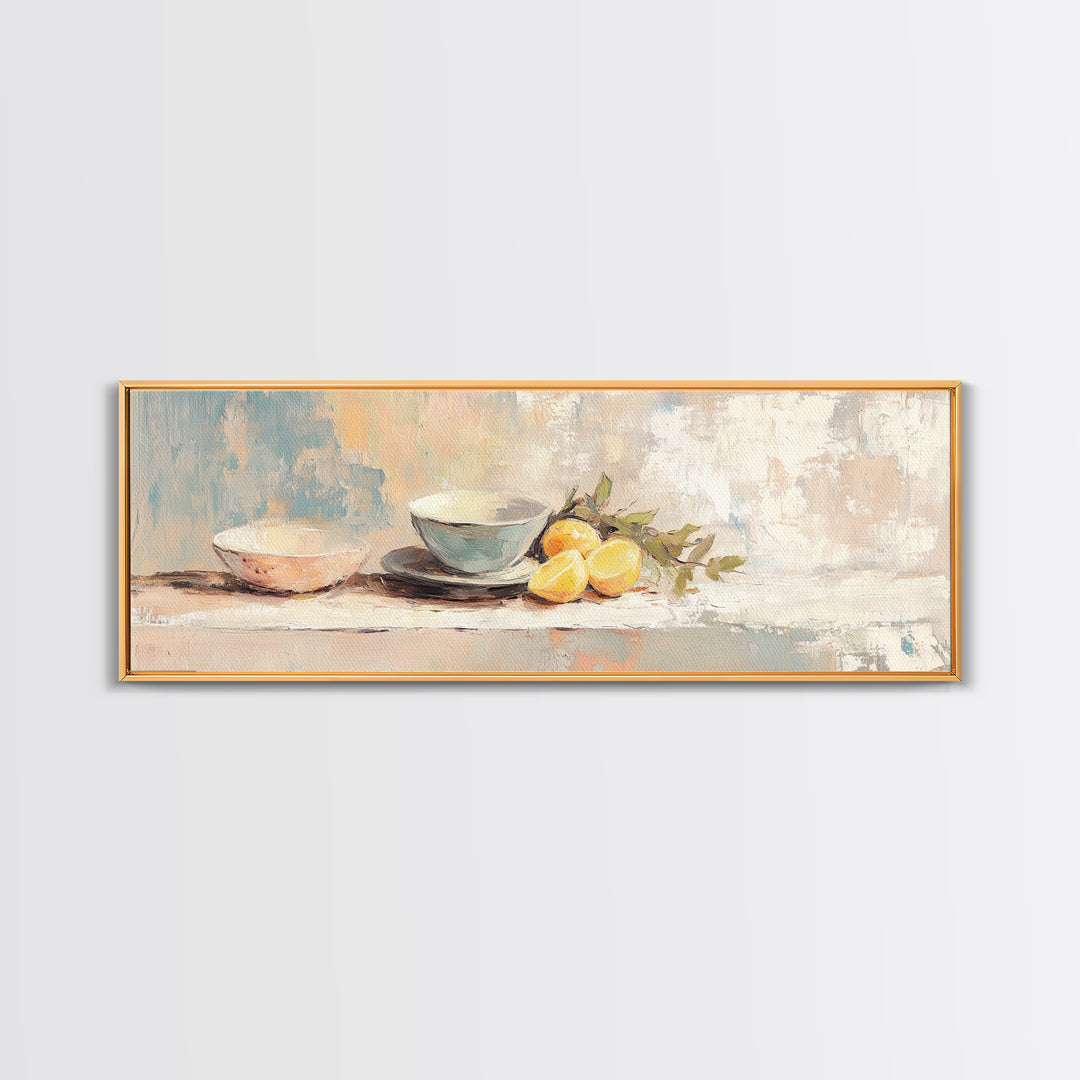 Blue Bowls And Lemons Still Life Canvas Print, Modern Kitchen Wall Art, Food Decor, Citrus Painting, Home Decor, Housewarming Gift