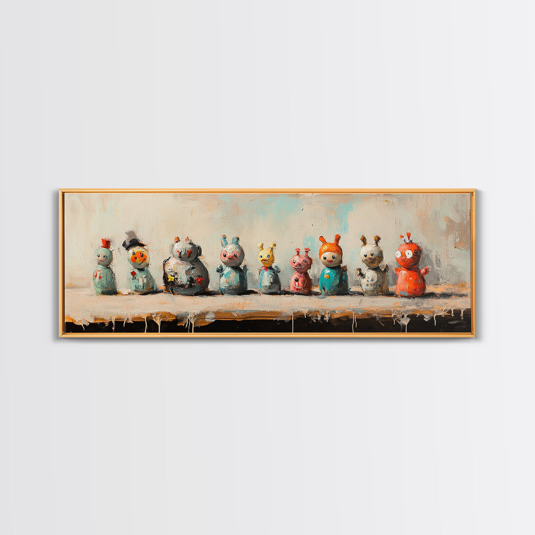 Whimsical Monster Figurines Wall Art, Quirky Kids Room Decor, Playroom Art Print, Colorful Eclectic Nursery Canvas Print
