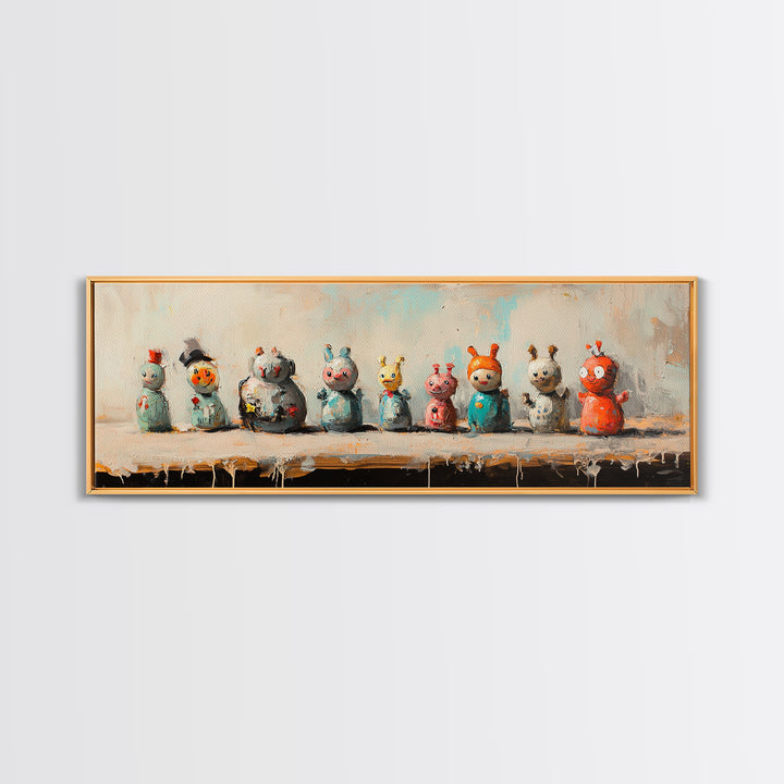 Whimsical Monster Figurines Wall Art, Quirky Kids Room Decor, Playroom Art Print, Colorful Eclectic Nursery Canvas Print