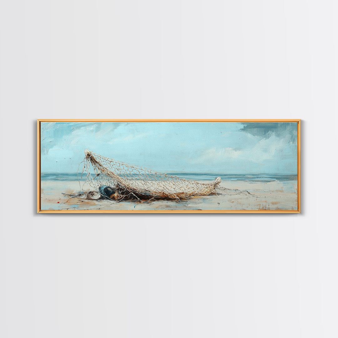 Weathered Fishing Net On Beach Canvas Print, Coastal Wall Art, Nautical Decor, Seascape Painting, Beach House Rustic Home Decor Gift