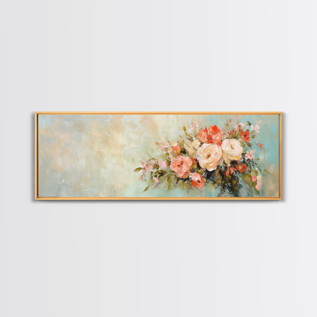 Romantic Peach Rose Bouquet Framed Canvas Print, Floral Wall Art For Bedroom Decor Living Room Decor And Housewarming Gift For Her