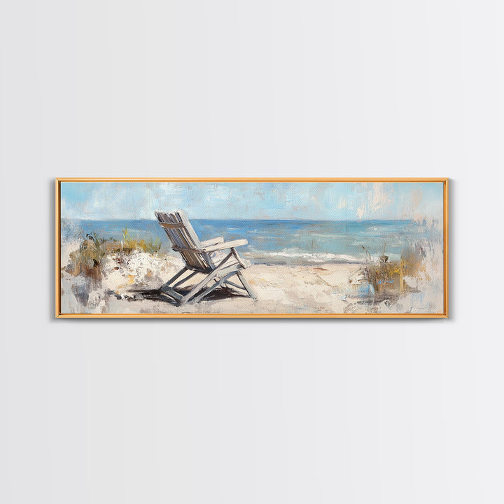 White Beach Chair Ocean View Framed Canvas Print, Coastal Wall Art For Beach House Decor Living Room Decor And Housewarming Gift
