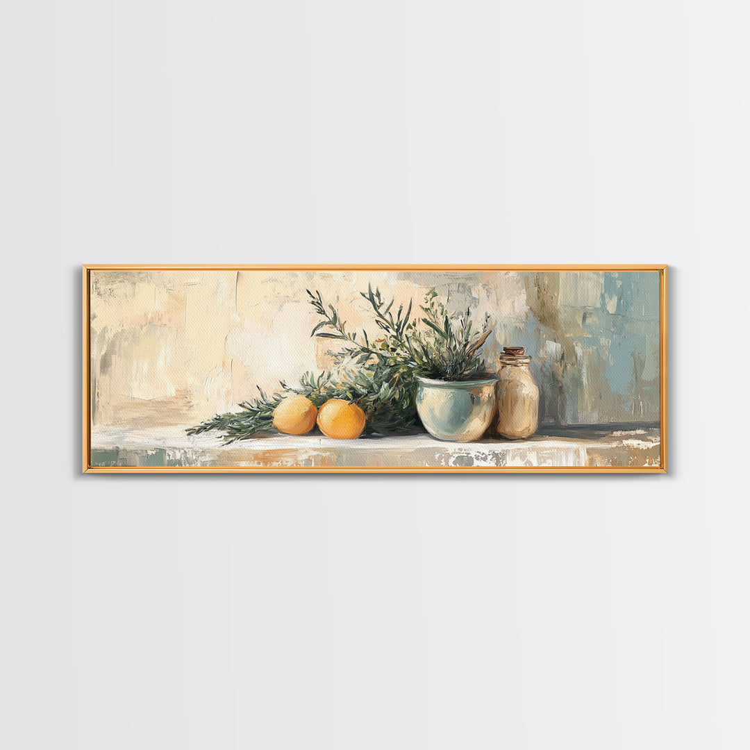 Olive Branch And Citrus Still Life Wall Art, Rustic Kitchen Canvas Print, Farmhouse Country Decor, Mediterranean Art Print