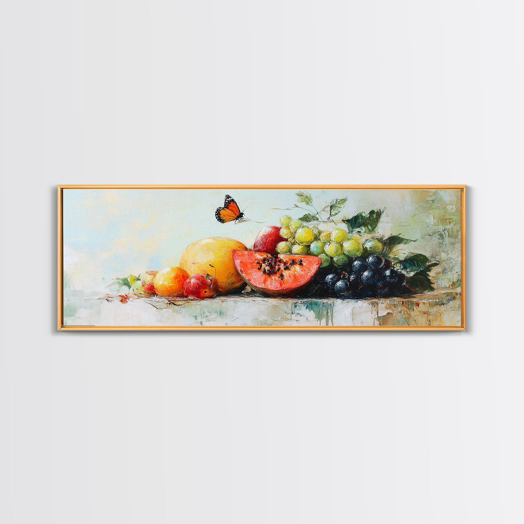 Tropical Fruit And Butterfly Still Life Wall Art, Colorful Kitchen Canvas Print, Summer Farmhouse Decor, Food Lover Gift Art Print