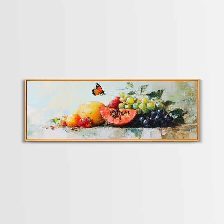 Tropical Fruit And Butterfly Still Life Wall Art, Colorful Kitchen Canvas Print, Summer Farmhouse Decor, Food Lover Gift Art Print