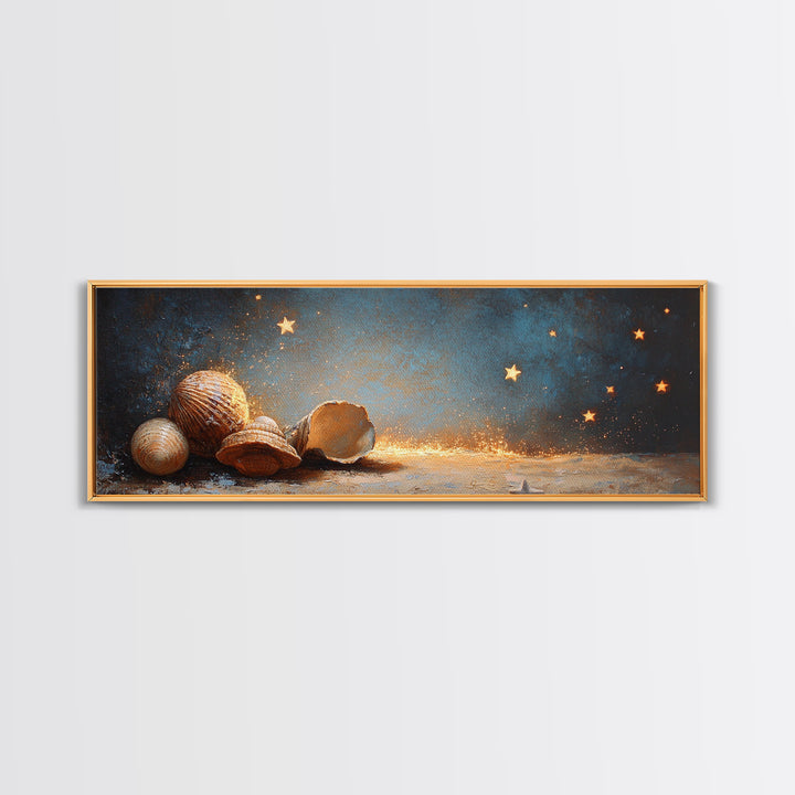 Glowing Seashells And Golden Stars Canvas Print, Coastal Wall Art, Celestial Decor, Beach House Decor, Ocean Wall Decor, Gift For Her