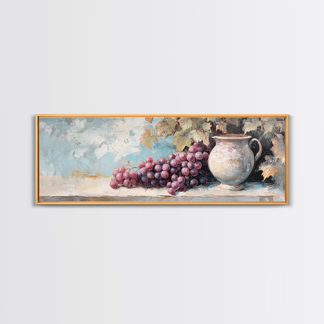 Purple Grapes And Rustic Pitcher Framed Canvas Print, Winery Wall Art, French Country Decor, Kitchen Wall Decor, Gift For Her