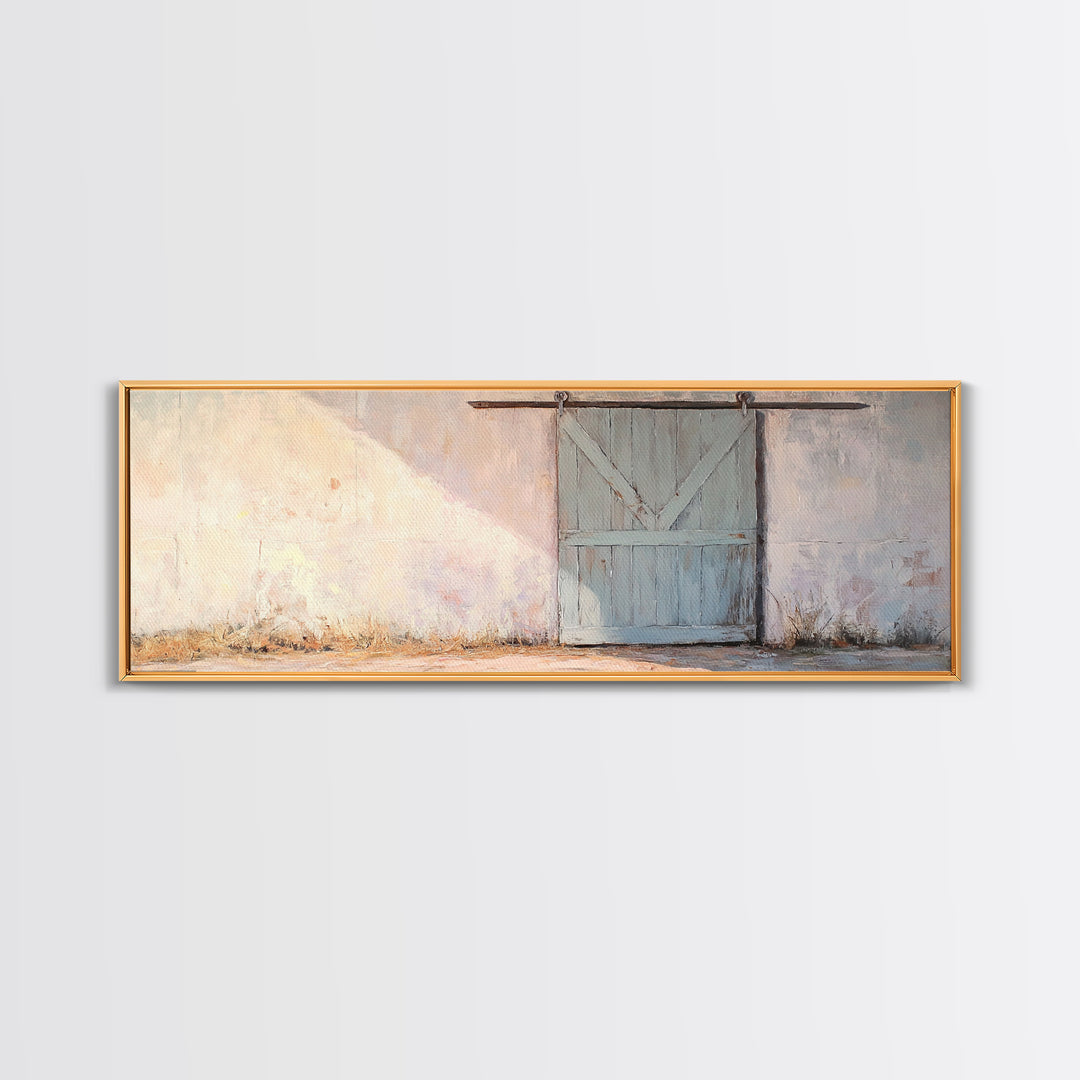 Blue Sliding Barn Door Wall Art, Rustic Farmhouse Decor, Country Wall Decor, Minimalist Landscape Print, Housewarming Gift