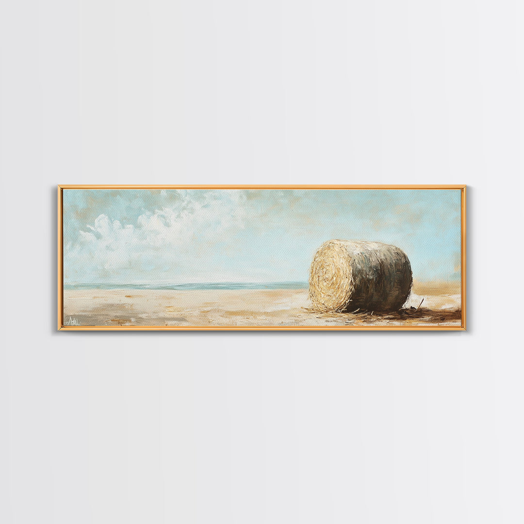 Golden Hay Bale Coastal Landscape Wall Art, Rustic Farmhouse Decor, Country Canvas Print For Living Room Or Kitchen Wall Decor