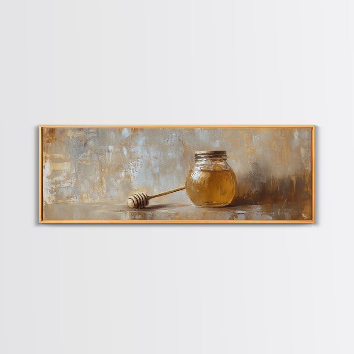 Honey Jar And Dipper Still Life Wall Art, Rustic Kitchen Decor, Farmhouse Canvas Print For Dining Room Or Pantry Wall Decor Gift