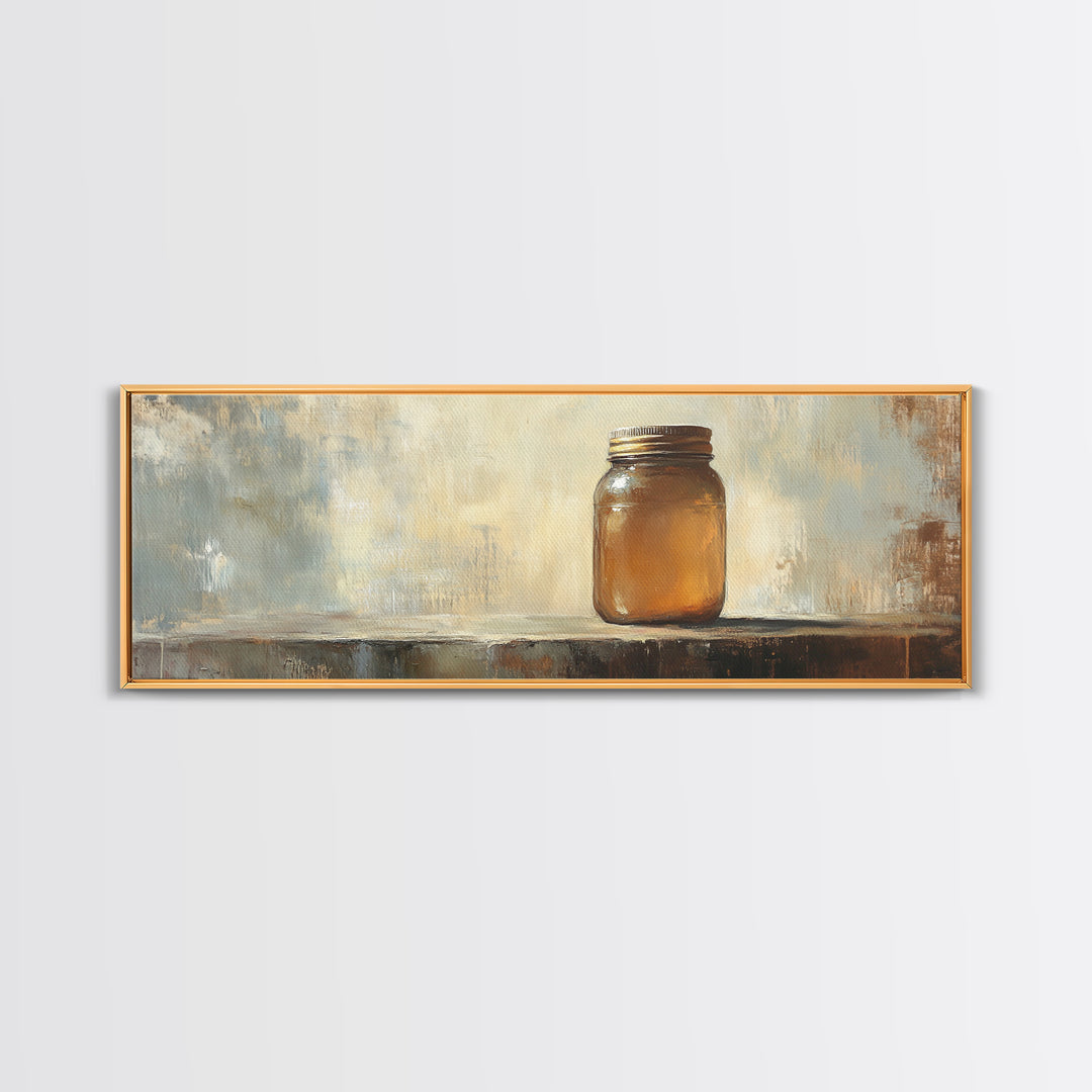 Amber Mason Jar Still Life Wall Art, Rustic Farmhouse Decor, Neutral Canvas Print For Kitchen Shelf Or Dining Room Wall Decor