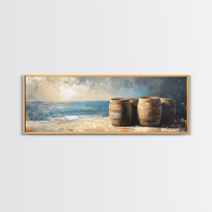 Weathered Barrels By The Sea Wall Art, Coastal Rustic Decor, Nautical Canvas Print For Beach House Living Room Wall Decor Gift
