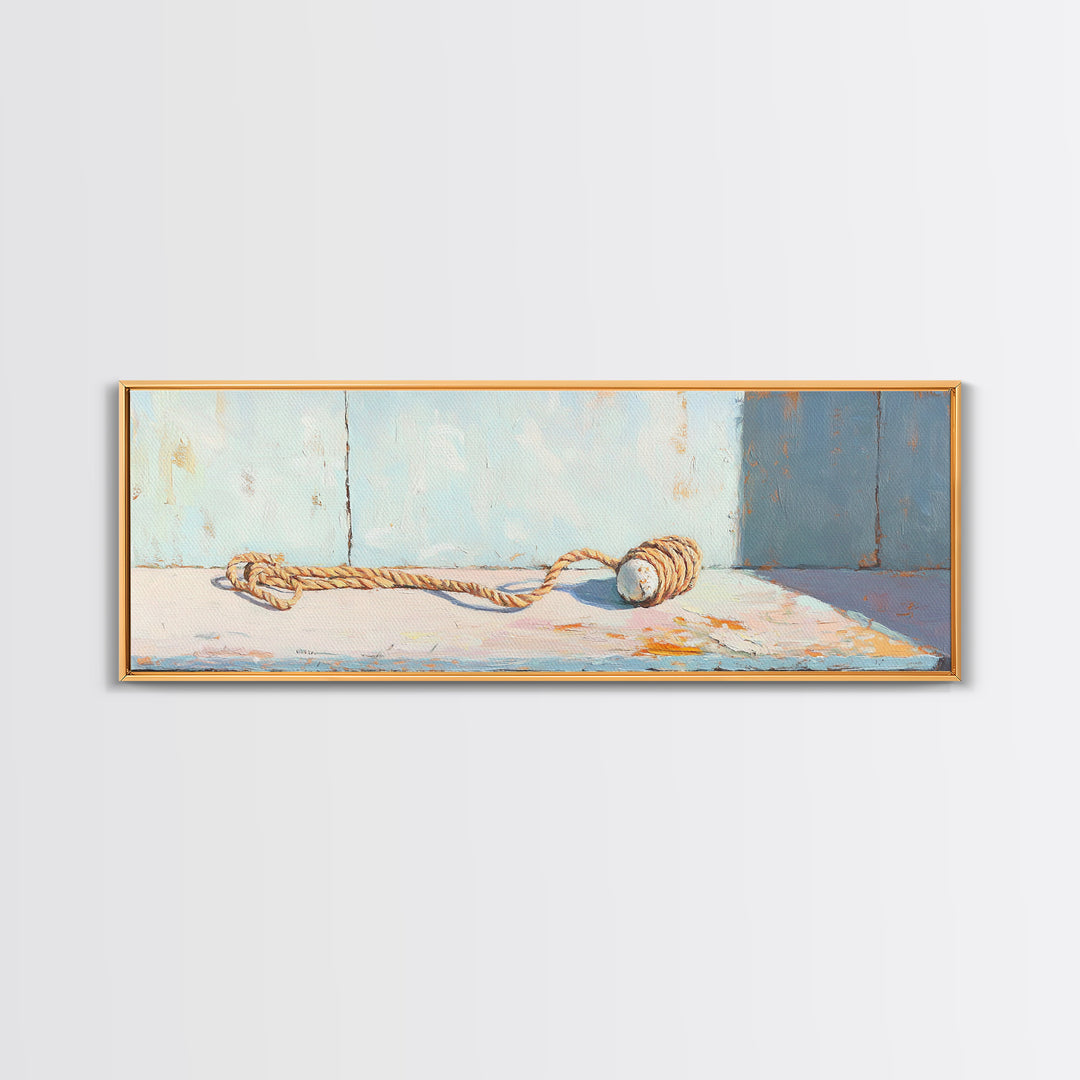 Weathered Rope And Wood Float Canvas Print, Nautical Coastal Wall Art, Beach House Decor, Rustic Bathroom Wall Decor, Ocean Wall Art