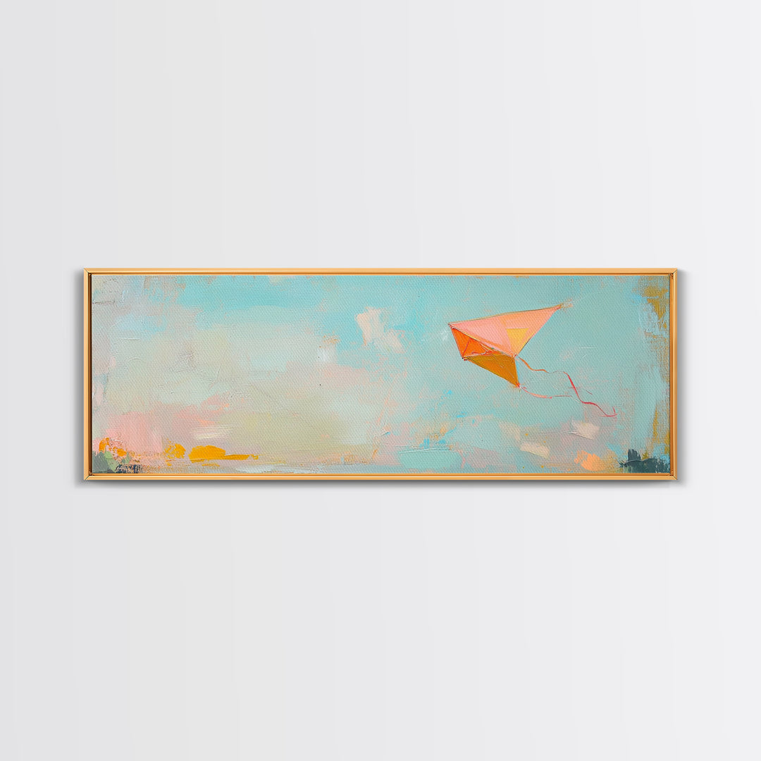 Orange Kite In Blue Summer Sky Canvas Print, Whimsical Nursery Wall Art, Coastal Kids Room Decor, Playful Gift For Her, Dopamine Decor