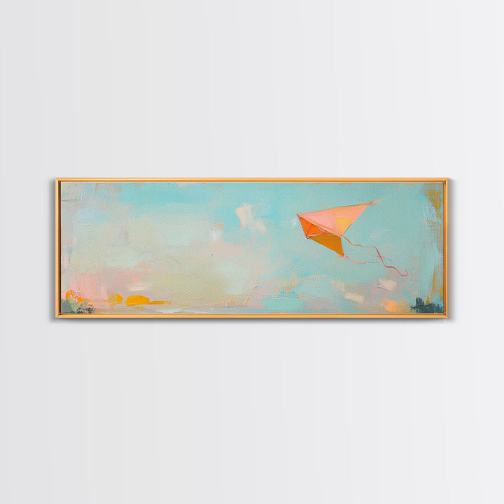Orange Kite In Blue Summer Sky Canvas Print, Whimsical Nursery Wall Art, Coastal Kids Room Decor, Playful Gift For Her, Dopamine Decor