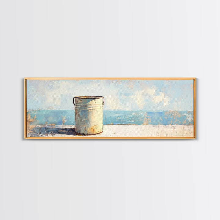 White Enamel Pail By The Sea Canvas Print, Coastal Farmhouse Wall Decor, Beach House Art, Rustic Nautical Kitchen Decor Print