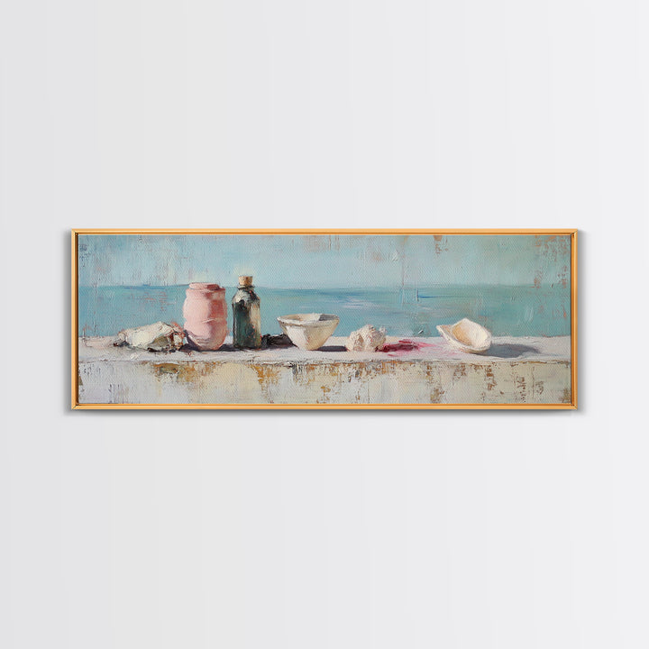Coastal Seashell Still Life Wall Art, Beach House Canvas Print, Ocean Bathroom Decor, Nautical Kitchen Art, Gift For Her