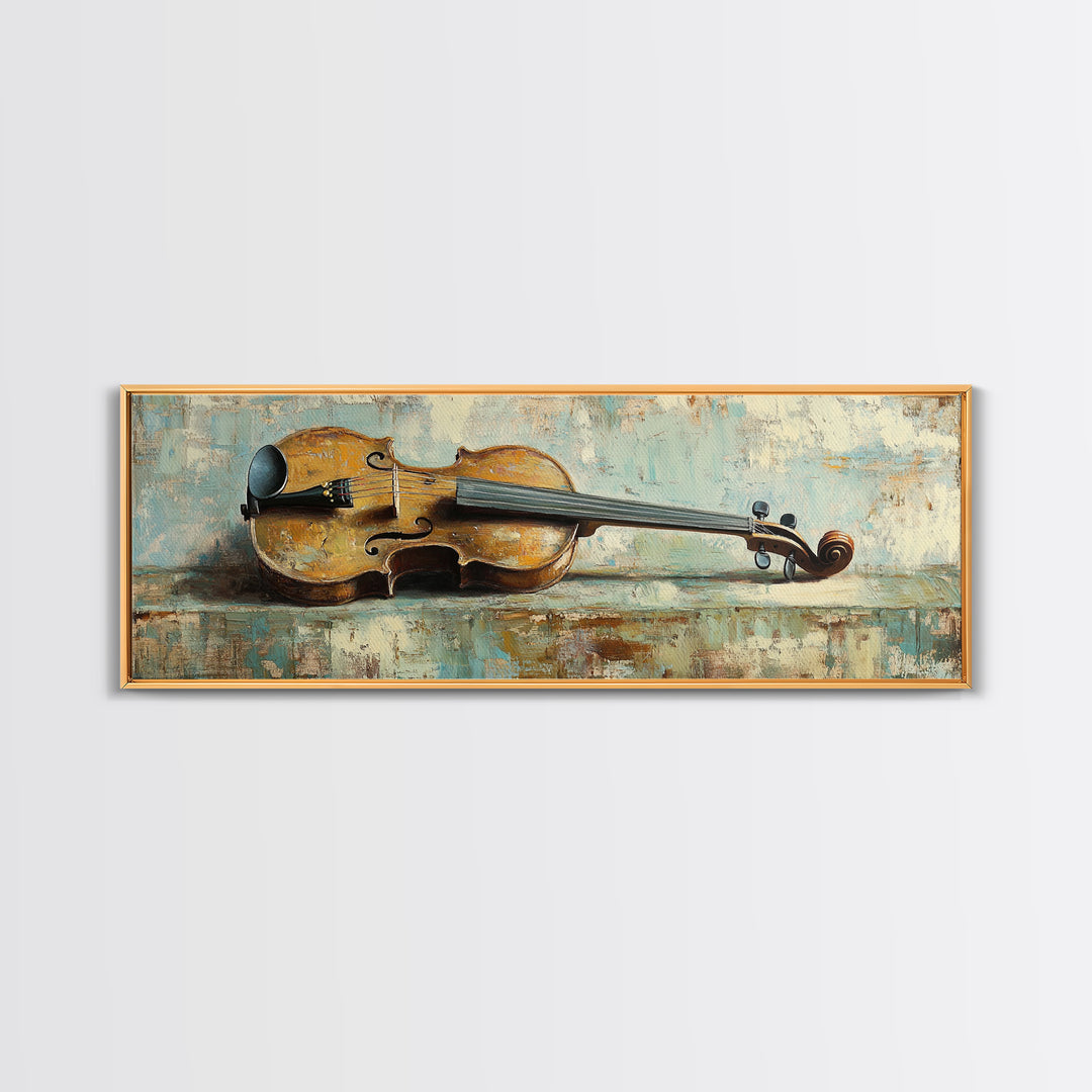 Antique Violin On Weathered Blue Table Framed Canvas Print, Music Room Wall Art, Rustic Studio Decor, Gifts For Musicians
