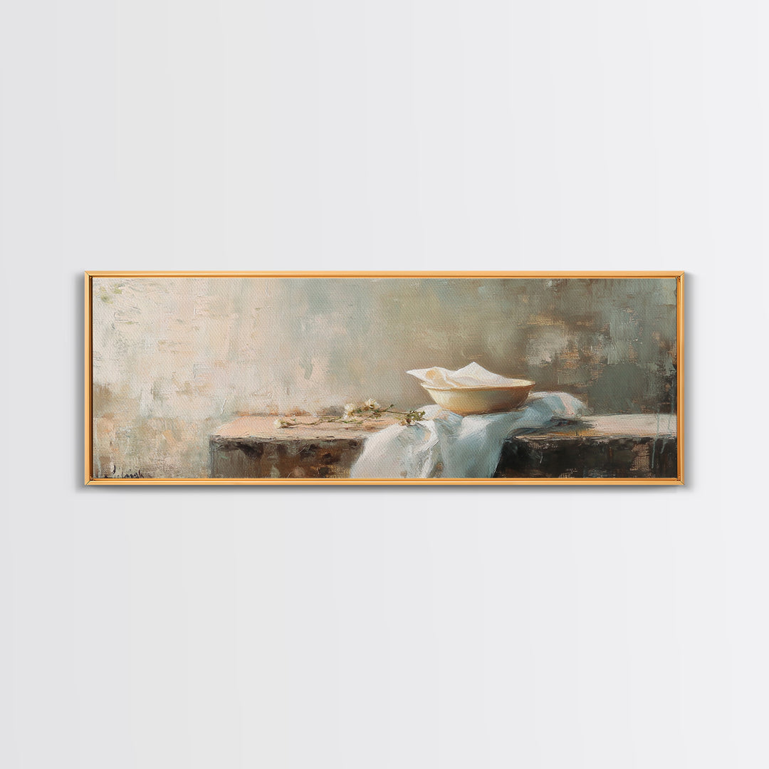 White Bowl Still Life On Linen Canvas Print, Minimalist Kitchen Wall Art, Neutral Wabi Sabi Decor, Calm Dining Room Print