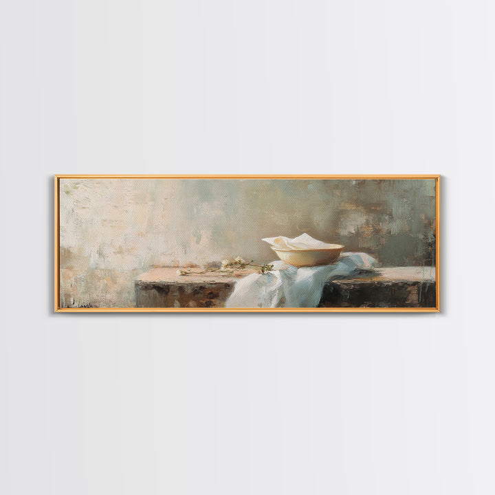 White Bowl Still Life On Linen Canvas Print, Minimalist Kitchen Wall Art, Neutral Wabi Sabi Decor, Calm Dining Room Print