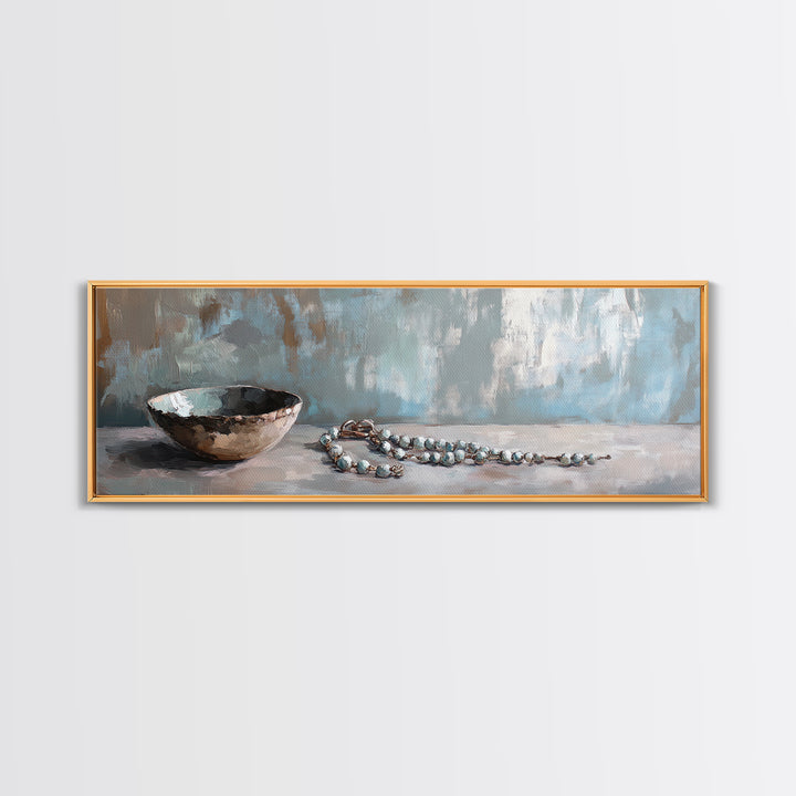 Rustic Bowl And Turquoise Beads Still Life Wall Art, Neutral Blue Home Decor, Wabi Sabi Canvas Art, Minimalist Office Decor