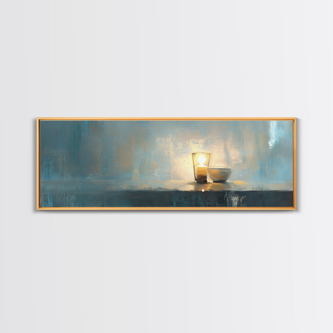 Glowing Candle And Small Bowl Minimalist Wall Art, Blue Wabi Sabi Home Decor, Calming Canvas Print, Zen Dining Room Decor