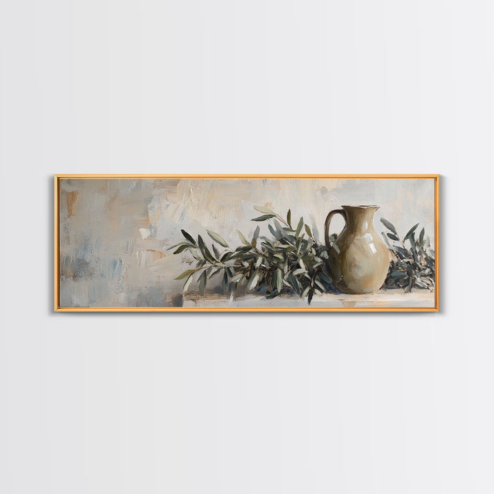 Olive Branches And Clay Pitcher Wall Art, Mediterranean Canvas Print, Rustic Kitchen Decor, Neutral Botanical Home Decor