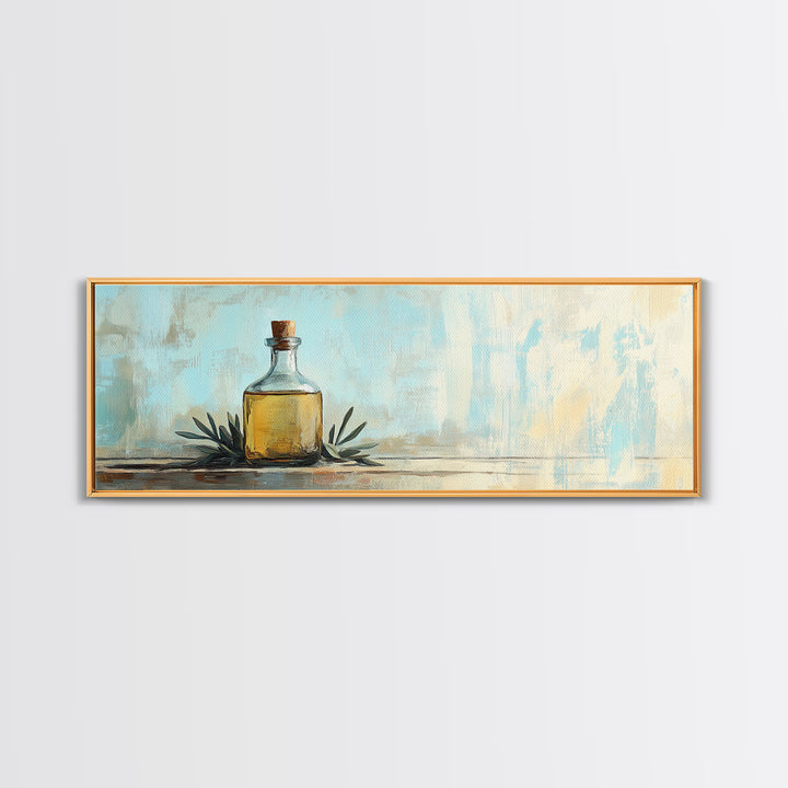 Amber Bottle And Green Leaves Wall Art, Minimalist Still Life Canvas Print, Rustic Kitchen Decor, Modern Farmhouse Home Decor
