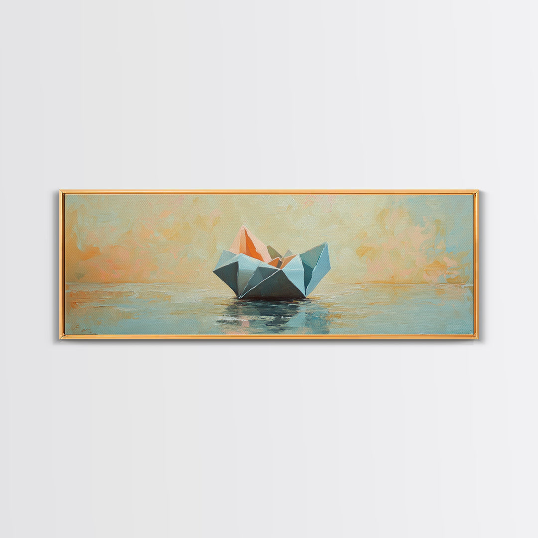 Origami Paper Boat On Calm Water Canvas Print, Coastal Wall Art, Nautical Home Decor, Beach House Living Room Decor, Above Sofa Art