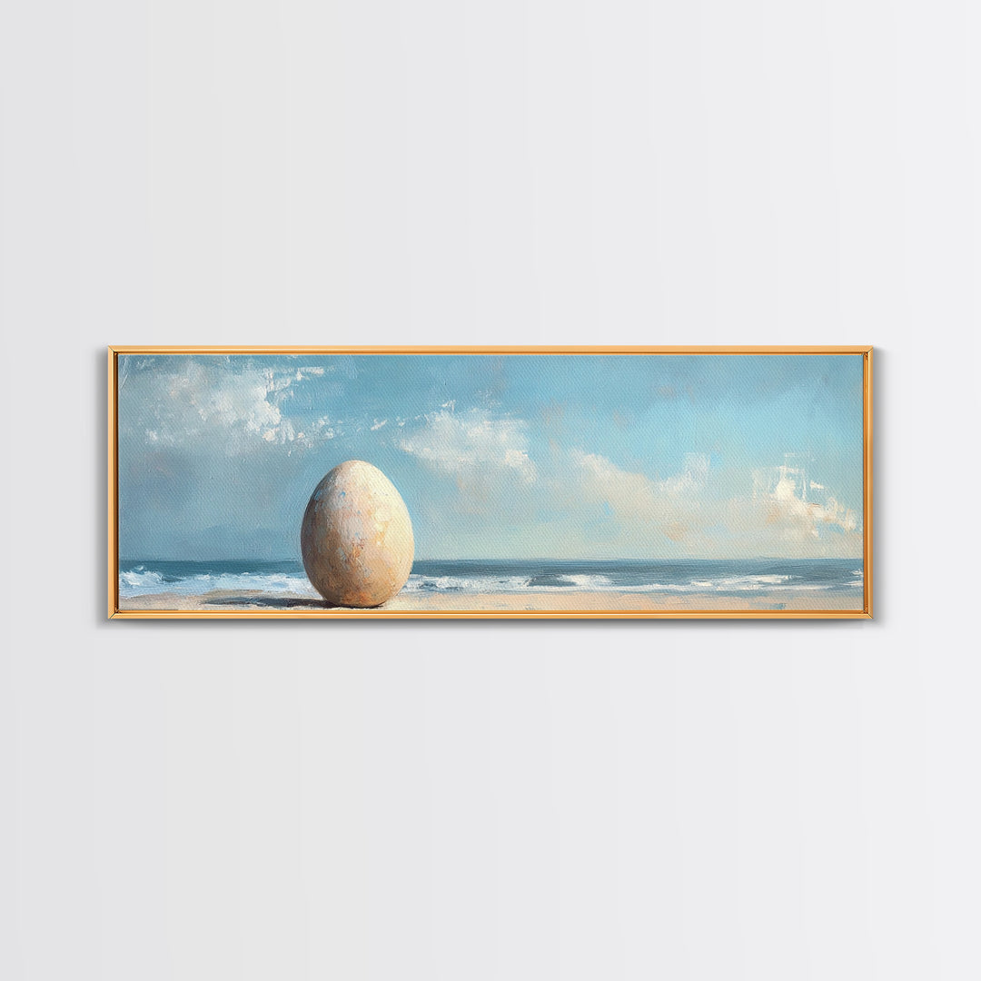 Large Egg On Quiet Shore Canvas Print, Surreal Beach Wall Art, Coastal Home Decor, Modern Seascape Living Room Decor, Ocean Art