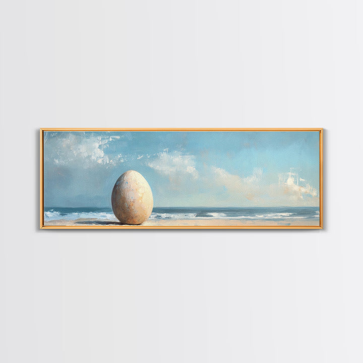 Large Egg On Quiet Shore Canvas Print, Surreal Beach Wall Art, Coastal Home Decor, Modern Seascape Living Room Decor, Ocean Art