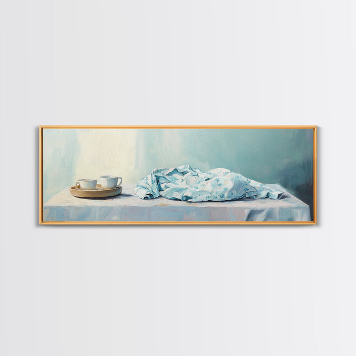 White Tea Cups And Blue Draped Cloth Canvas Print, Serene Still Life Wall Art, Minimalist Kitchen Decor, Cozy Home Decor