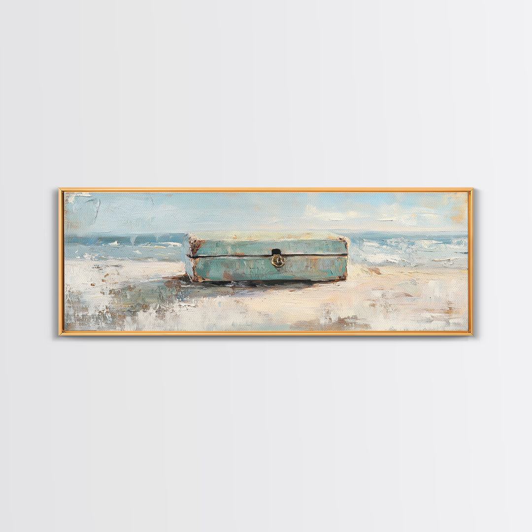 Weathered Blue Trunk On Sandy Beach Canvas Print, Coastal Wall Art, Ocean Seascape Decor, Nautical Housewarming Gift, Beach House Decor