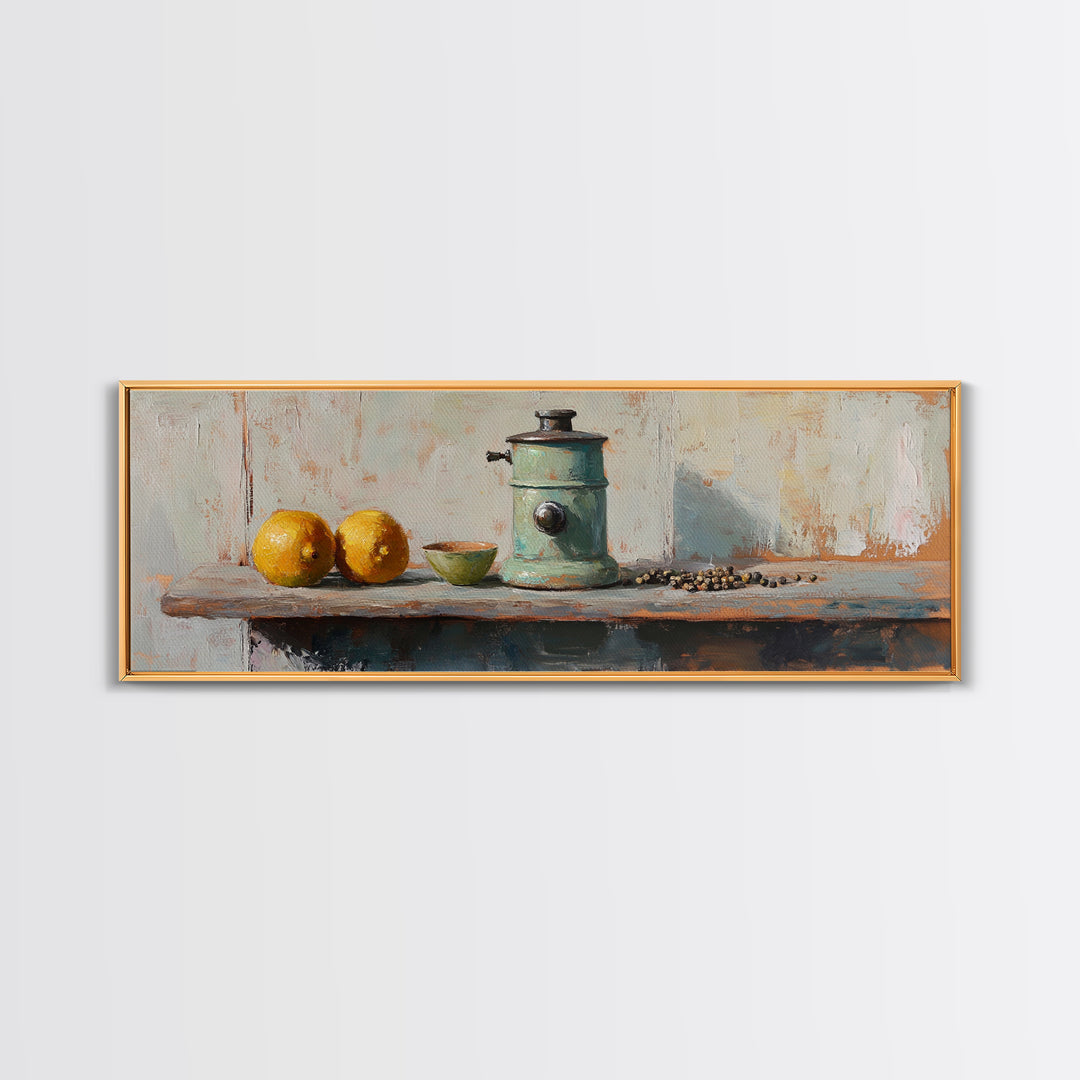Rustic Coffee Grinder With Lemons Still Life Canvas Print, Kitchen Wall Art, Farmhouse Decor, Food Lover Housewarming Gift