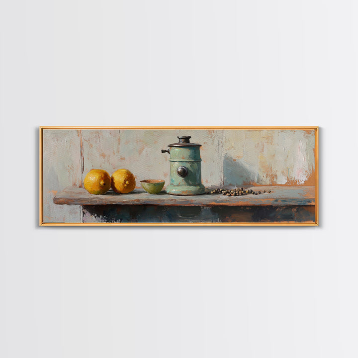 Rustic Coffee Grinder With Lemons Still Life Canvas Print, Kitchen Wall Art, Farmhouse Decor, Food Lover Housewarming Gift