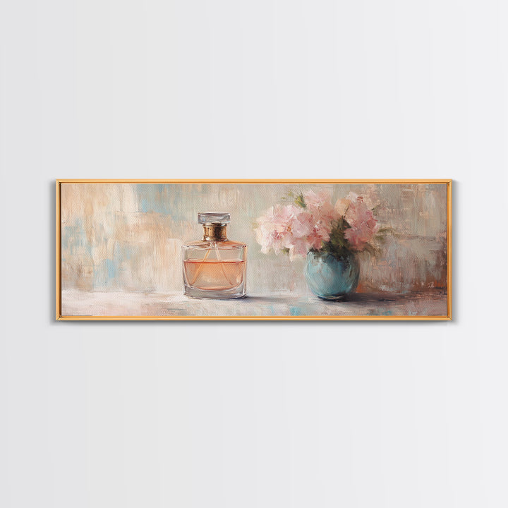 Perfume Bottle And Pink Flowers Framed Canvas Print, Feminine Wall Art, Vanity Decor, Romantic Bedroom Gift For Her, Coquette Prints
