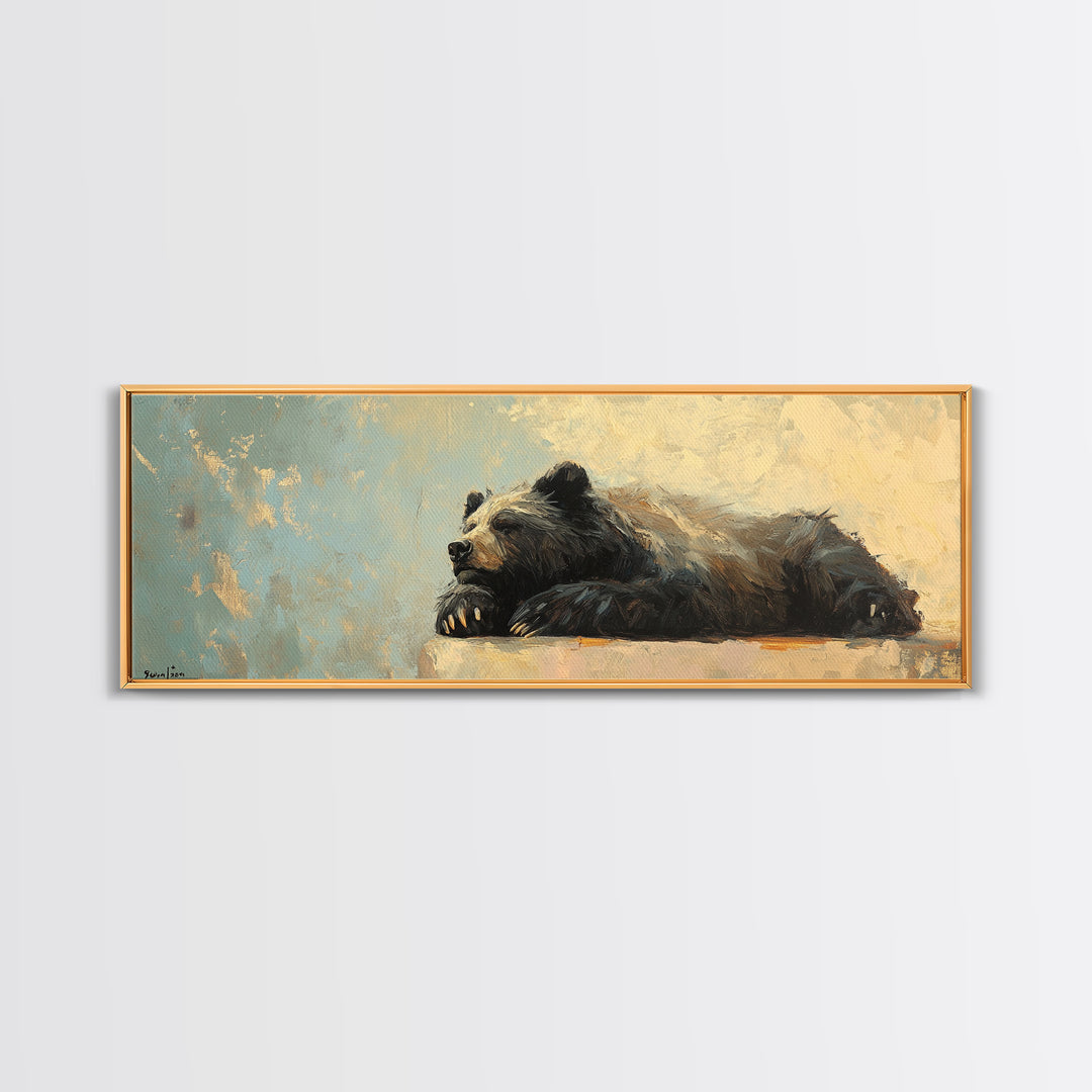 Resting Black Bear Oil Painting Framed Canvas Print, Rustic Wildlife Wall Art, Cabin Decor, Nature Lover Gift, Large Living Room Decor