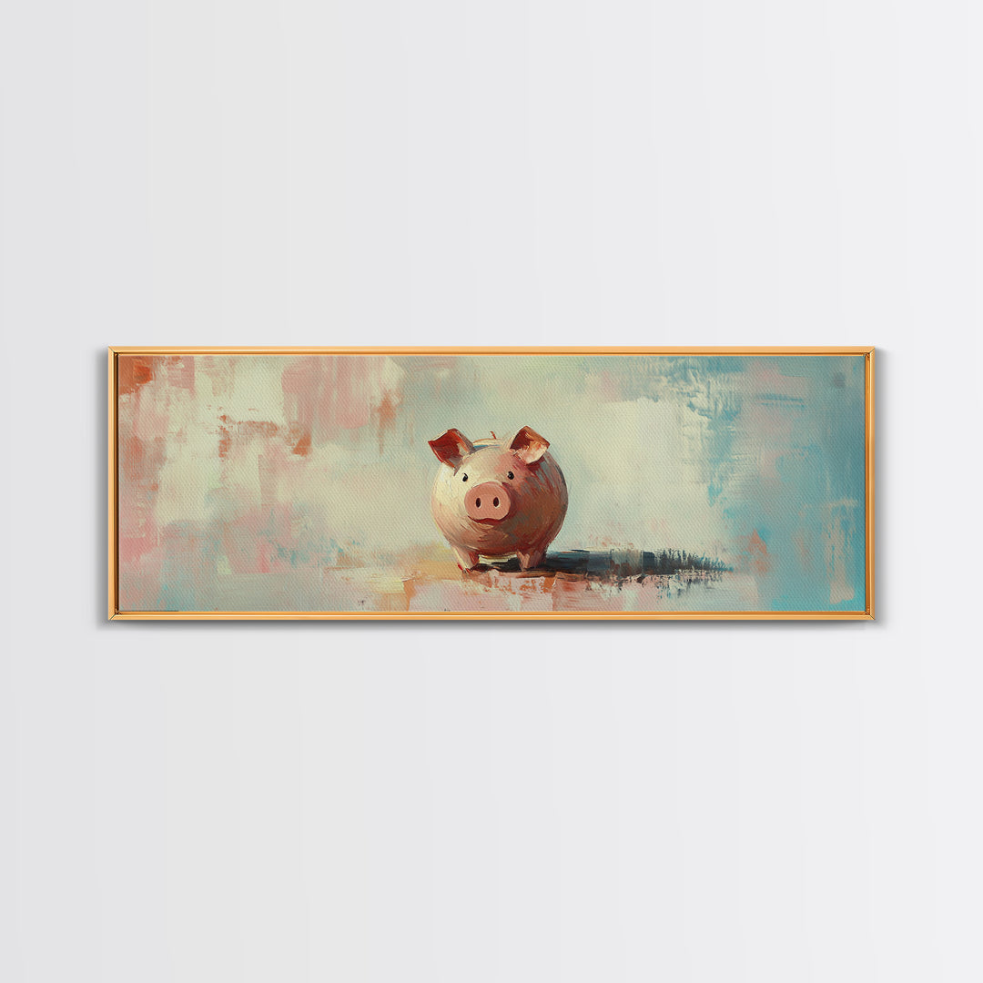 Pink Piggy Bank Oil Painting Canvas Print, Whimsical Wall Art, Cute Nursery Decor, Kids Room Art, Housewarming Gift, Fun