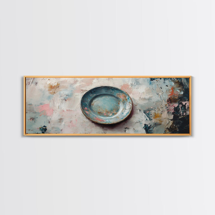 Weathered Blue Plate Wall Art, Minimalist Still Life Painting, Rustic Kitchen Decor, Textured Canvas Print For Dining Room