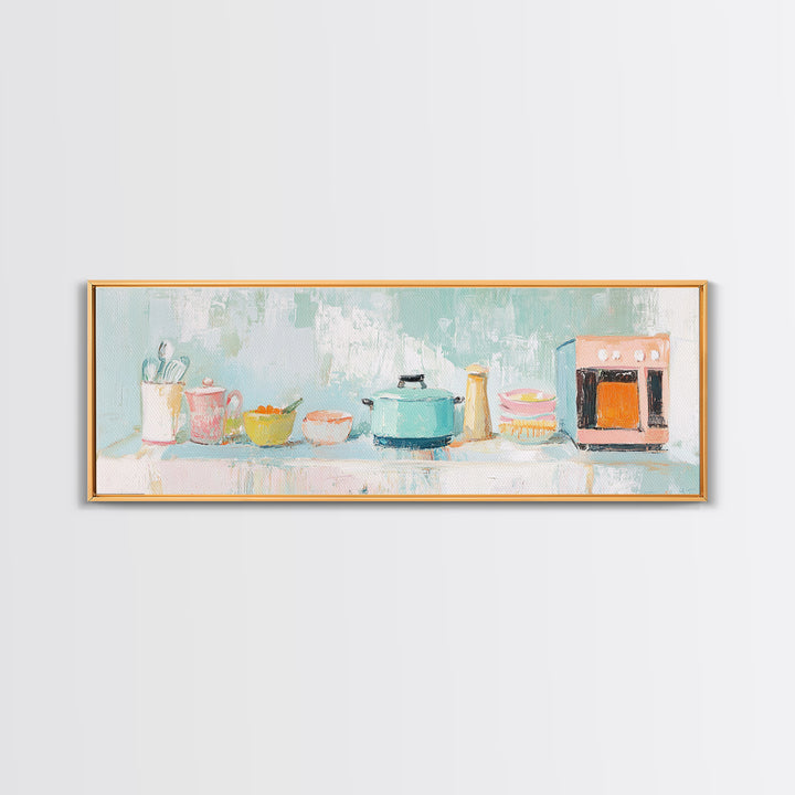 Pastel Kitchen Counter Canvas Print, Cozy Kitchen Wall Art, Modern Farmhouse Decor, Whimsical Cooking Art For Dining Room