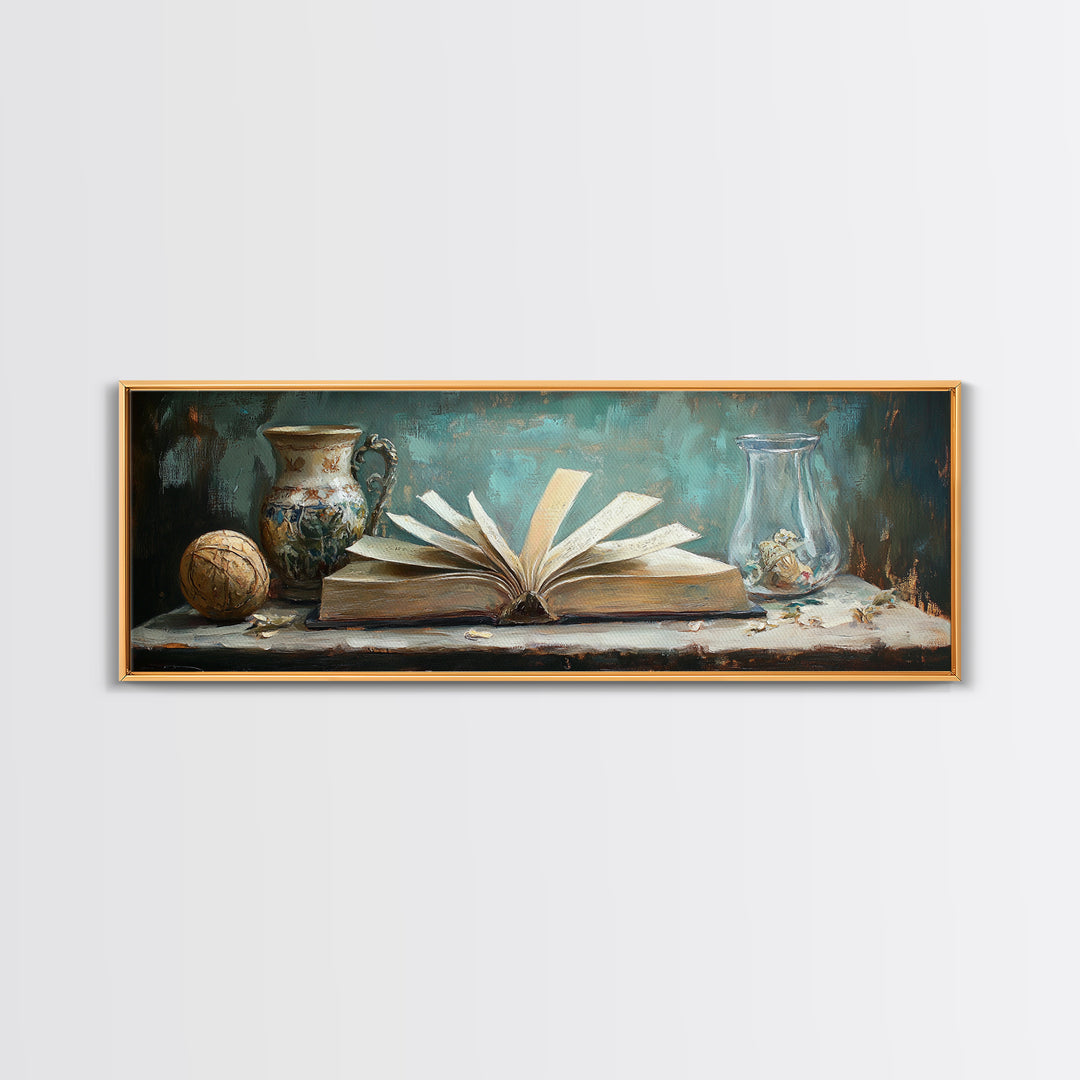 Open Antique Book With Vases Canvas Print, Dark Academia Wall Art, Literary Decor, Moody Library Reading Nook Home Decor