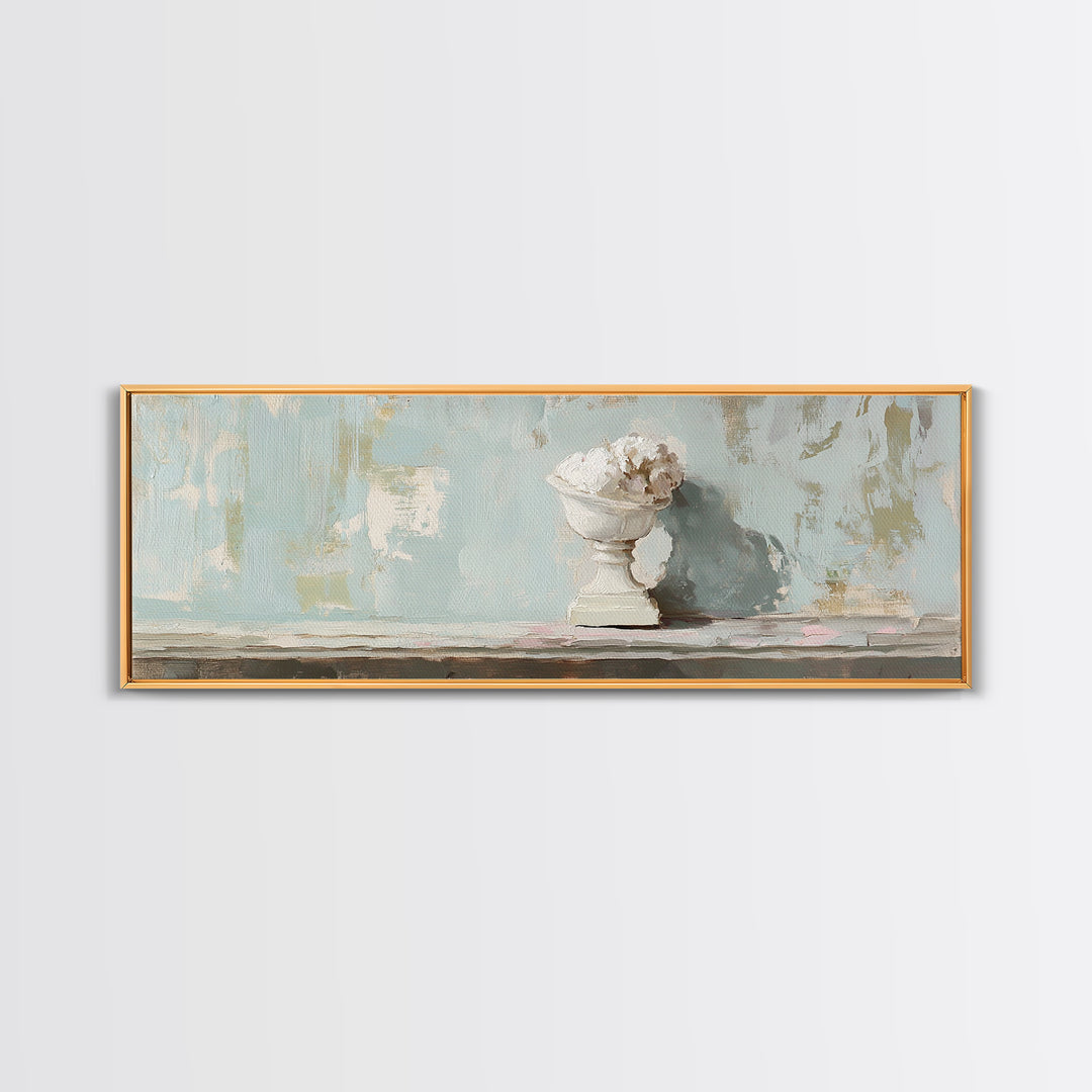 White Floral Urn Still Life Framed Canvas Print, Minimalist Wall Art, Neutral Calming Bathroom Decor, Wabi Sabi Home Decor
